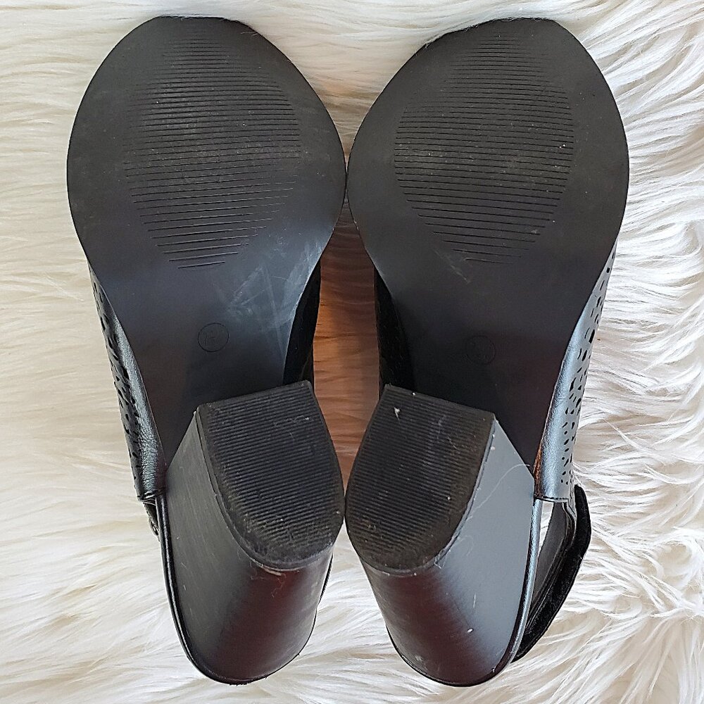 Jessica Cline Black Open Toe Laser Cut Chunky Heel SZ 7.5 - Picture 9 of 15